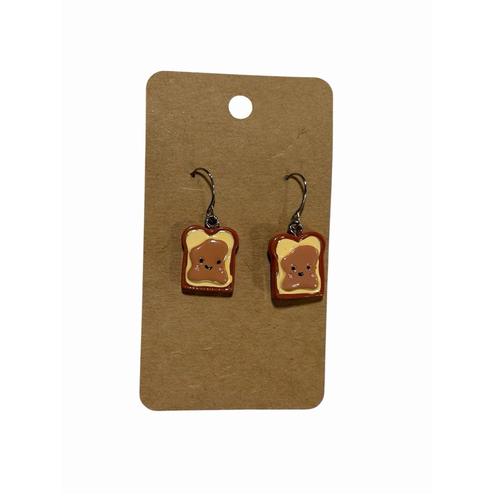 Kawaii Peanut Butter Toast Drop Earrings Brown Enamel Breakfast Food‎ Jewelry